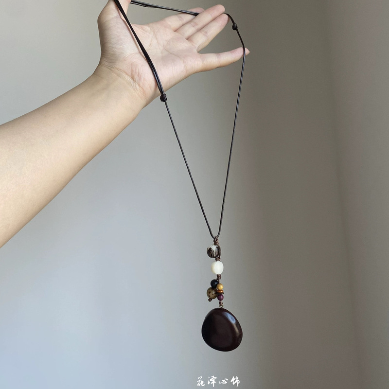 民族风彩色爱心串珠项链女小众高级感棕色编绳长款双层锁骨毛衣链|undefined