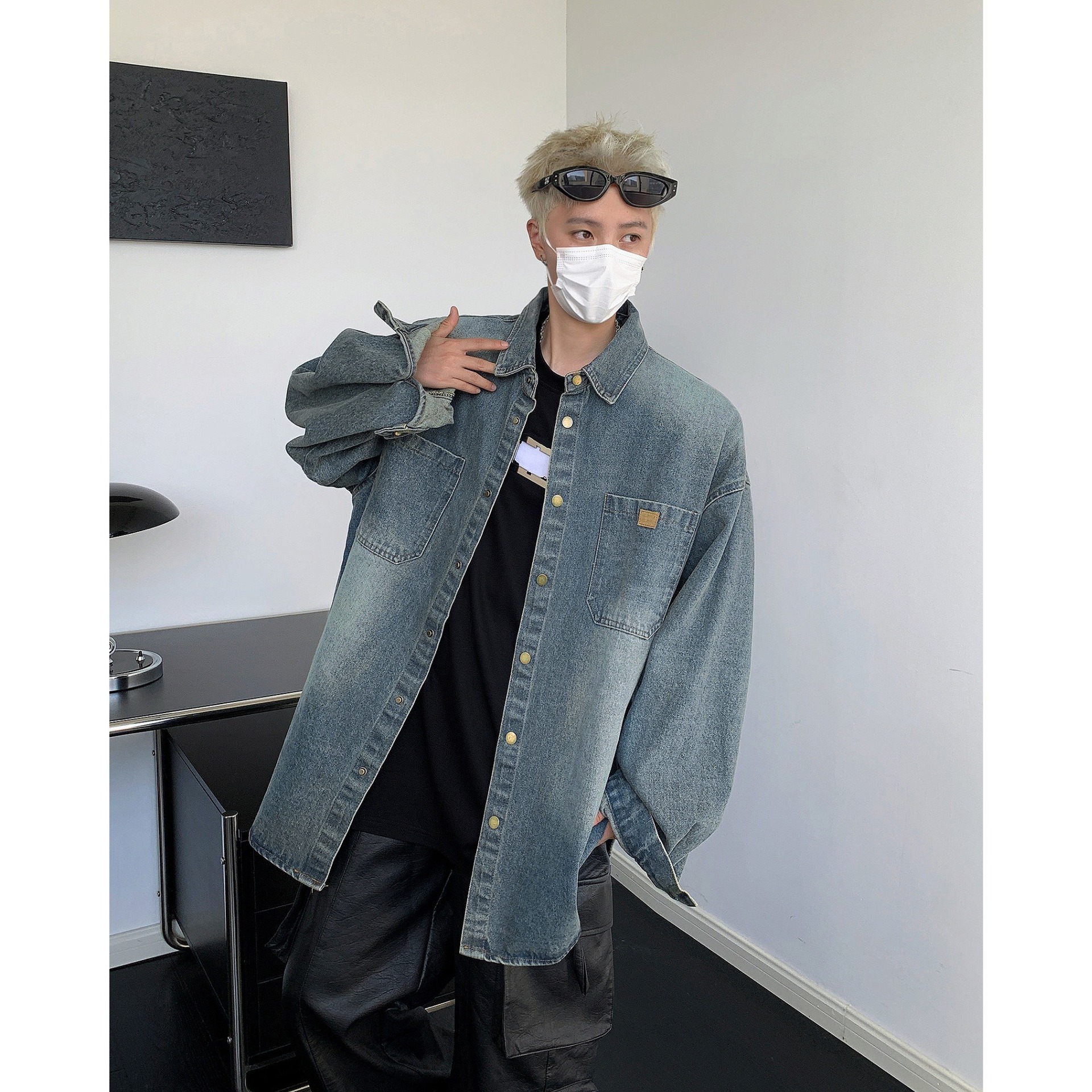 Camisa de mezclilla estilo americano, moderna, retro, teñida con cemento, para hombre, camisa informal holgada de manga larga para otoño, chaqueta tipo camisa para hombre.