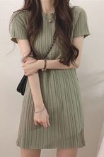 2025年新款短袖洋气针织连衣裙纯色显瘦圆领女士冰丝短裙ins潮流