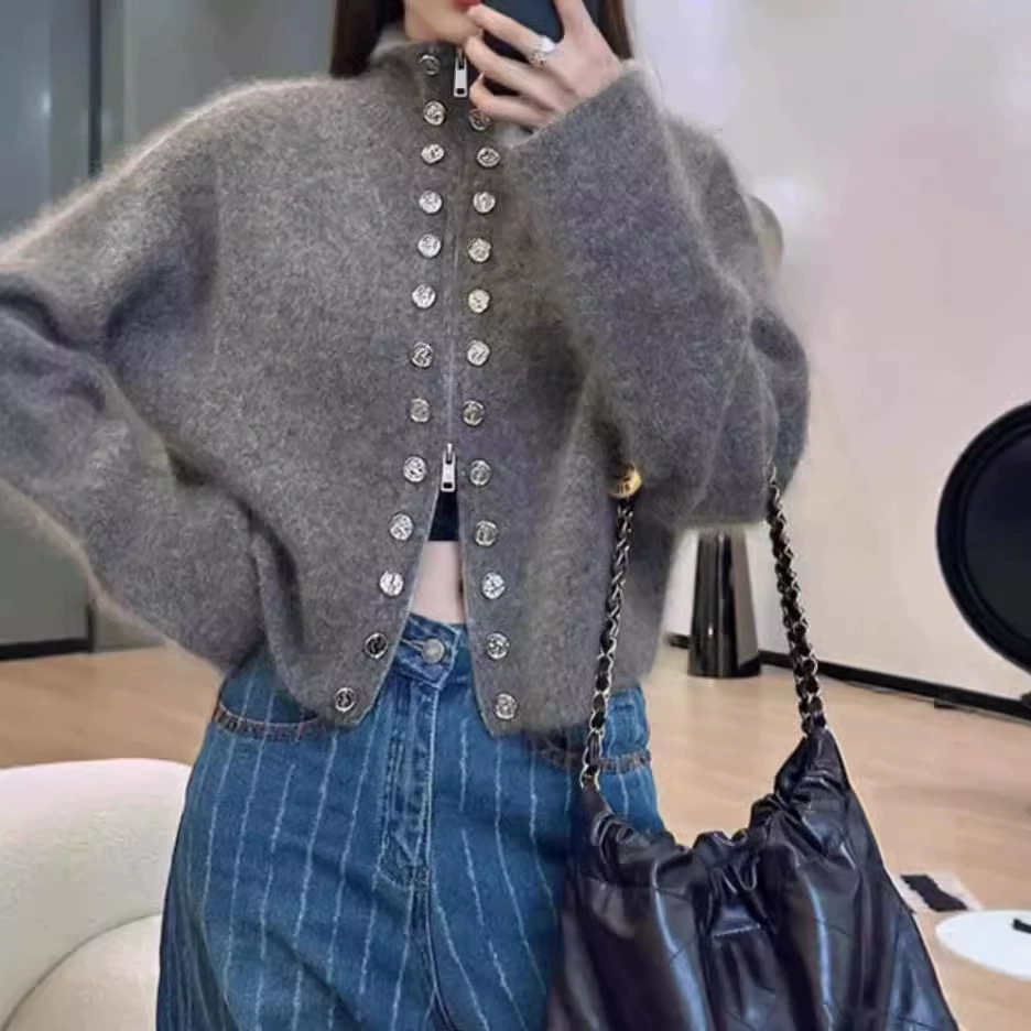 Двубортный свитер на молнии с воротником-стойкой, кардиган Hongtai, осенне-зимний новый стиль, свободная элегантная вязаная женская куртка в стиле ретро