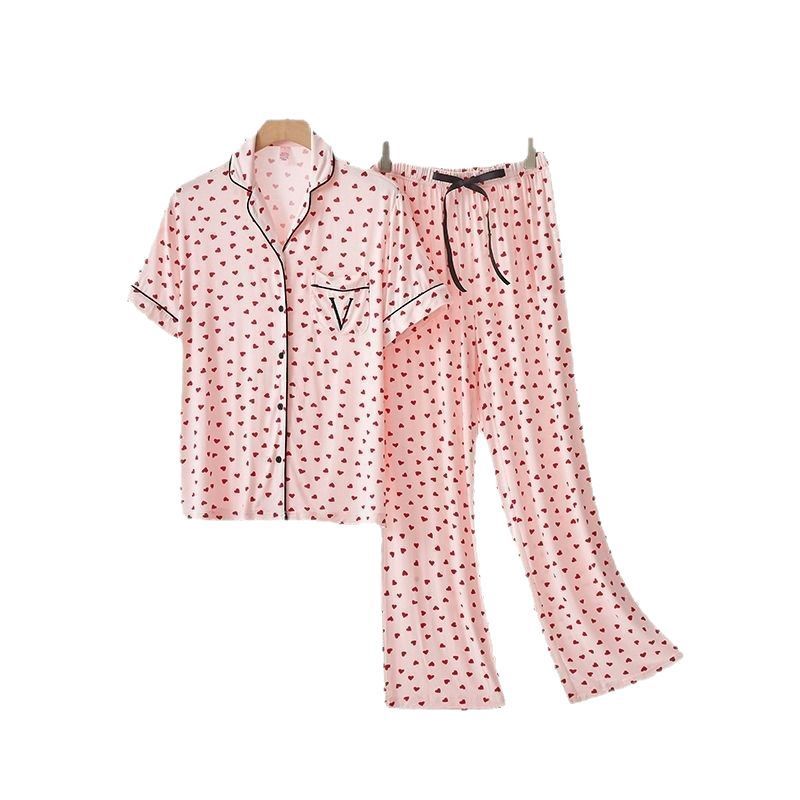VS外国貿易パジャマ女春夏タイプ半袖長ズボン冷感モーデール柔らかいゆるい夏の家庭服セット|undefined