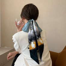 领巾设计水墨油画小丝巾发带女细窄长款法式原创绑包飘带装饰长条
