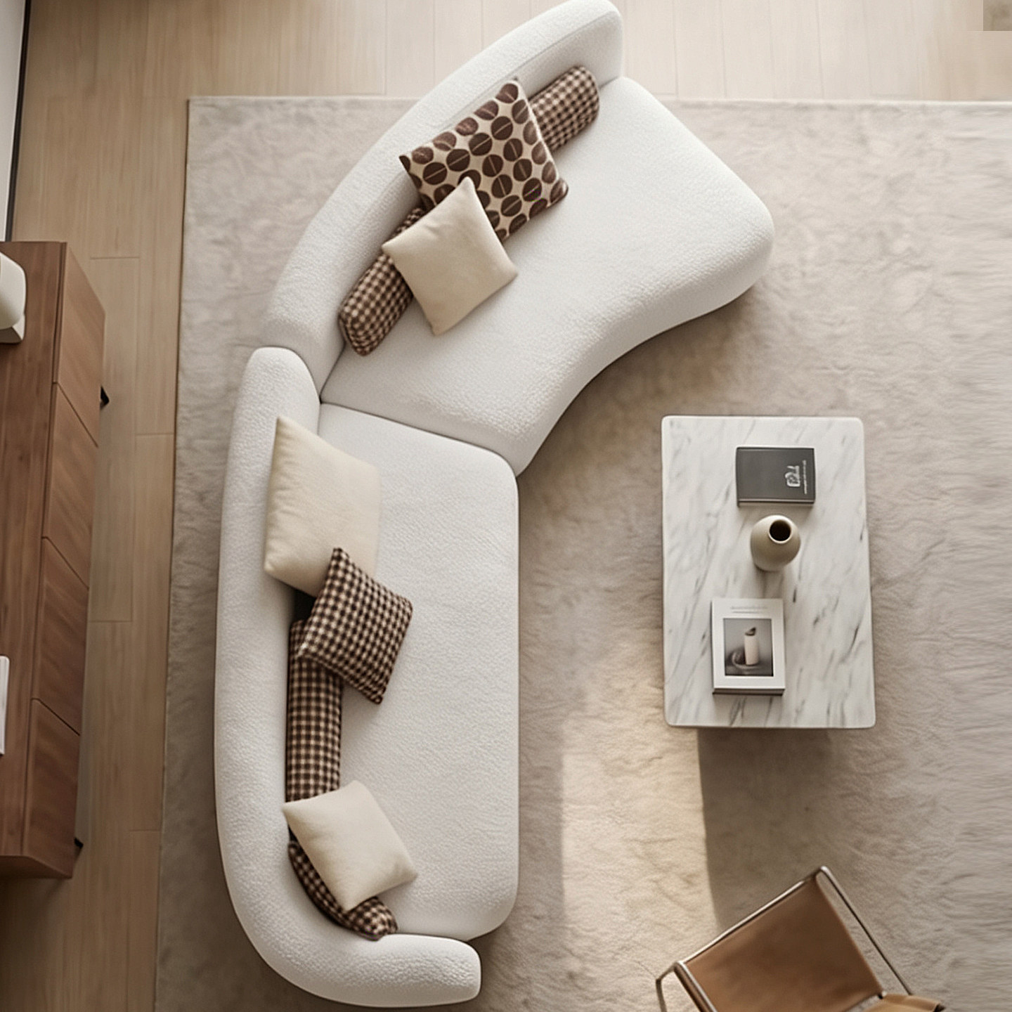 Moderno simple blanco arco VIP sofá pequeño tipo gran sala de estar crema viento sin reposabrazos sofá de tela de forma especial