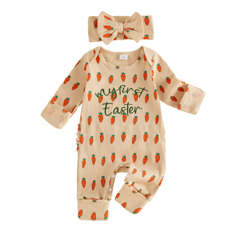 Foreign Trade Cotton Ribbed Carrot Print Full-Print Spring and Autumn New Style Girls' Long-Sleeve Baby Romper Two-Piece Set