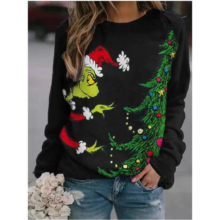 Grinch Green New Christmas 3D Printed European and American Popular Women's Long Sleeve Round Neck Sweatshirt Grinch Green New Christmas 3D Printed European and American Popular Women's Long Sleeve Round Neck Sweatshirt