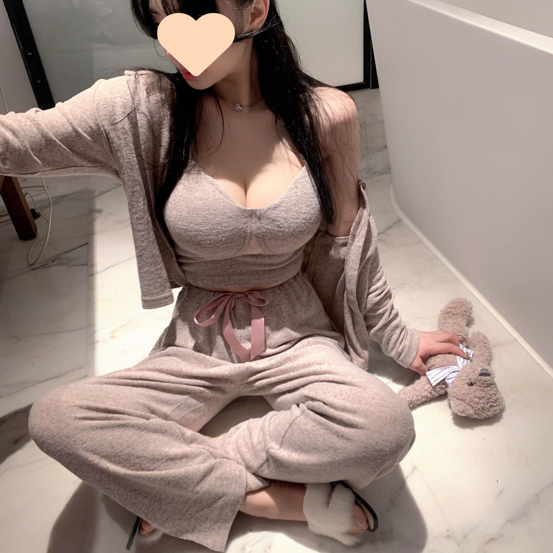 帶胸墊睡衣秋季女款時尚三件套春秋款棉質性感輕熟風可外穿家居服