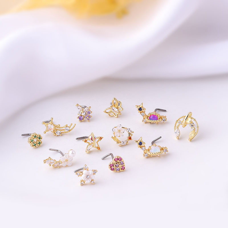 Fashion Colorful Zircon Nose Stud Titanium Steel L Rod Nose Piercing Jewelry
