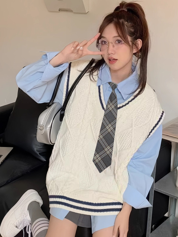学院风衬衫叠穿毛衣针织马甲两件套女春秋韩系学生背心jk制服套装|undefined