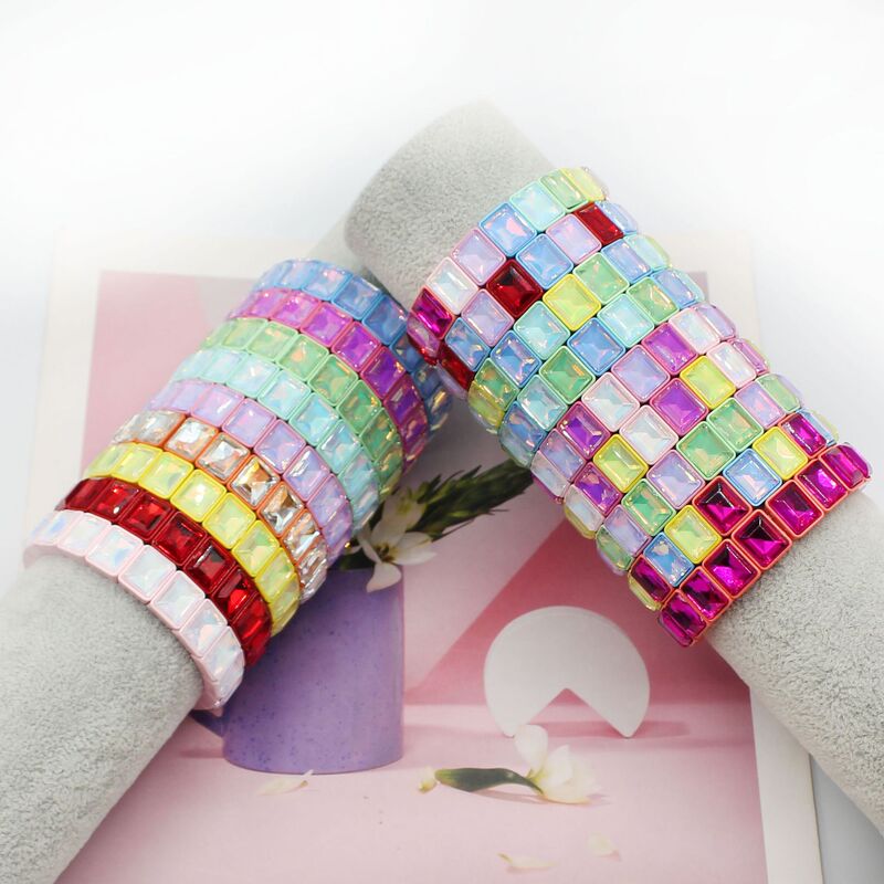 Tiktok Cross-Border Hot-Selling Mocha Crystal Elastic Cuff Enamel Bracelet Couple Elastic Small Square Frame Tiktok Cross-Border Hot-Selling Mocha Crystal Elastic Cuff Enamel Bracelet Couple Elastic Small Square Frame
