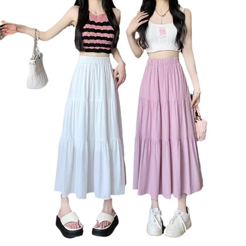White High-Waist Tiered Cake Dress for Women - Summer Thin Version Plus Size Slimming Skirt for Plus-Size Women - Medium Length Pear Shape A-Line Skirt