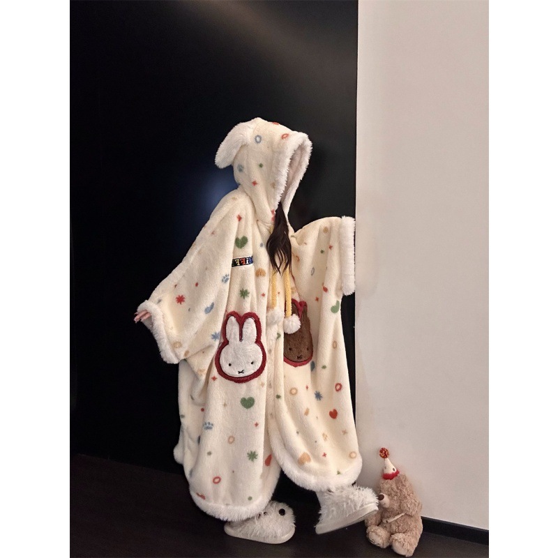 可爱米菲兔连帽珊瑚绒睡裙女秋冬季新款家居服睡袍加厚睡裙可外穿