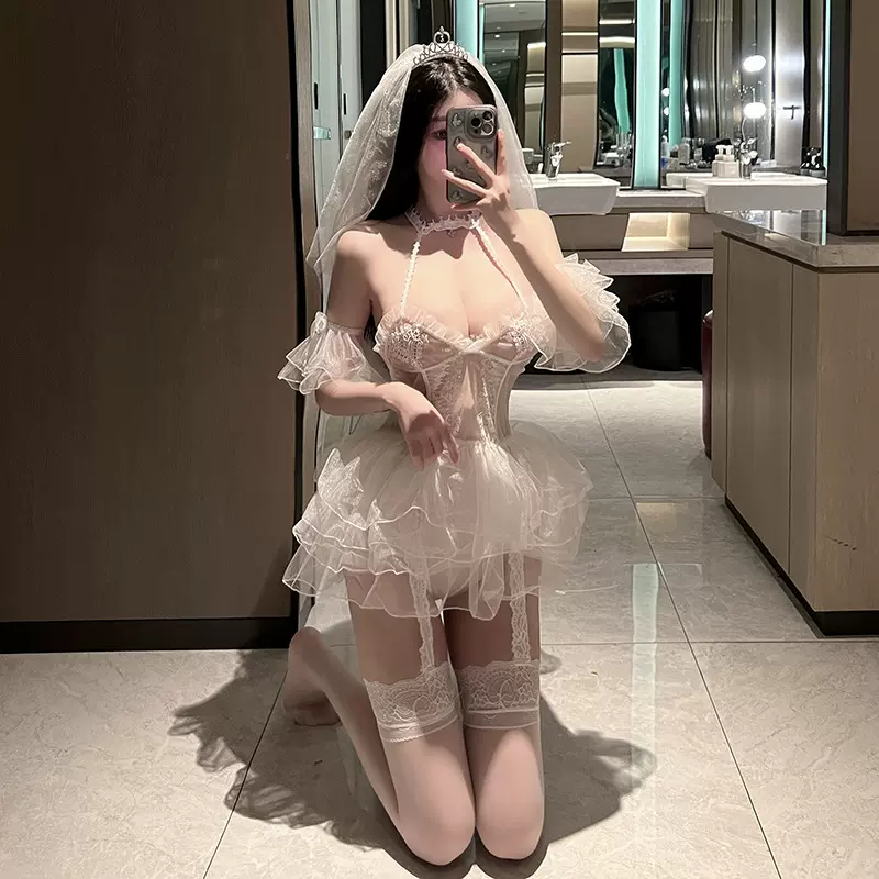 情趣内衣性感白色透视头纱免脱婚纱套装新娘制服诱惑纯欲挑逗火辣