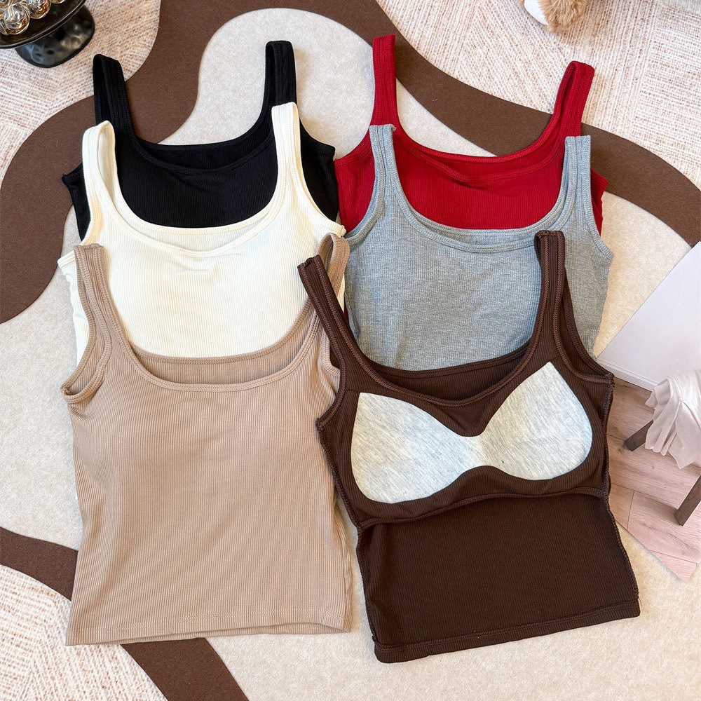 Autumn and Winter New Solid Color Square Neck Camisole with Fixed Cups, Chest Pads, Brushed Thermal Slim-Fit Base Wrap Tube Top