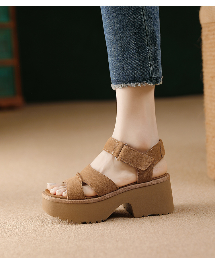 Sandal cao gót nữ hở mũi đế xuồng platform, quai dán tiện lợi, gót 9 cm — màu nâu chi tiết 9