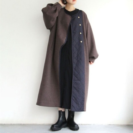 2023 autumn and winter new high-end Hepburn style elegant women's long low round neck asymmetric stitching woolen coat 2023 autumn and winter new high-end Hepburn style elegant women's long low round neck asymmetric stitching woolen coat
