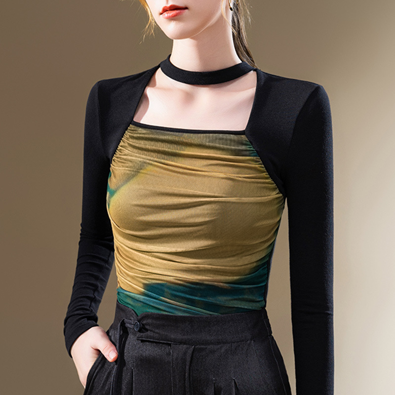 Cuello cuadrado camisa de fondo para mujeres 2023 europeo nuevo sexy Halter malla costura camiseta temperamento interior plisado superior image 7