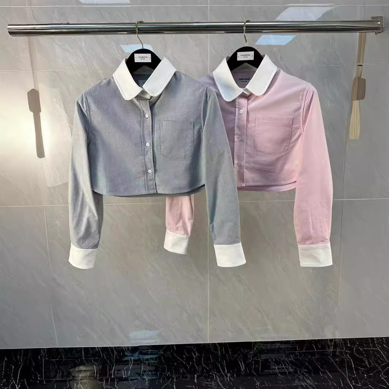 High quality TB early spring new high waist exposed navel Oxford women's crew neck shirt upper body fashion color contrast