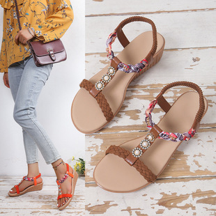 Cross-Border Export Elastic Band Sandals for Women 2025 Summer New Style Bohemian Rhinestone Casual Beach Sandals for Women