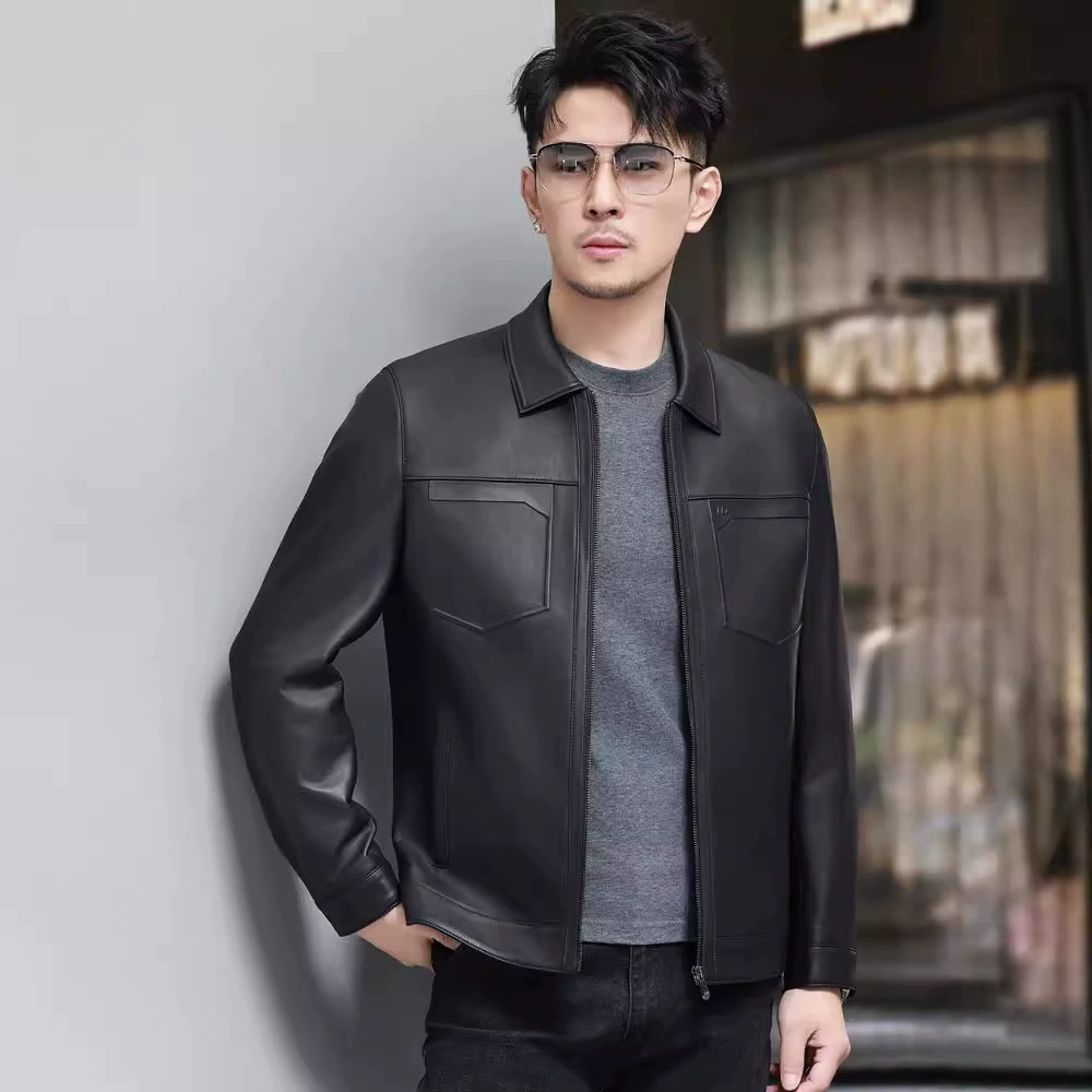 Autumn short jacket, genuine leather, for middle age