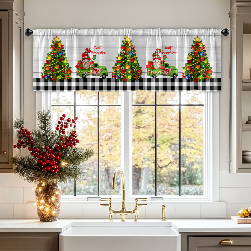 1Pc Floral Short Curtain Kitchen Curtain Half Curtain Cross-Border Christmas Small Window Decoration Polyester Cotton