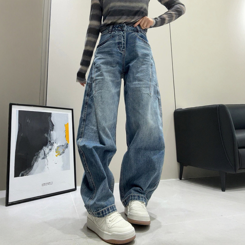 大码弯刀阔腿牛仔裤女秋冬2025新款梨型身材胖mm显瘦宽松直筒裤子|undefined