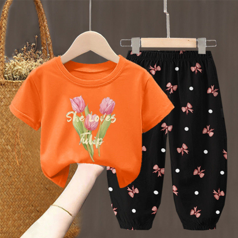 子供服女の子夏のリボンスーツ新しいスタイルファッショナブルな花のファッショナブルな夏服女の子シングル/ツーピース|undefined