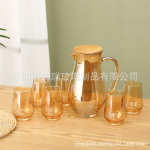 外贸批发出口电镀喷色描金贴花玻璃杯金色玻璃一壶六杯套装水杯