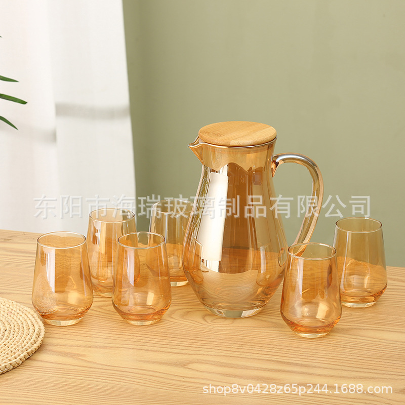 外贸批发出口电镀喷色描金贴花玻璃杯金色玻璃一壶六杯套装水杯