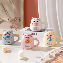 新款搞怪猫咪陶瓷杯卡通可爱儿童杯带盖勺礼物创意礼品饮水杯厂家