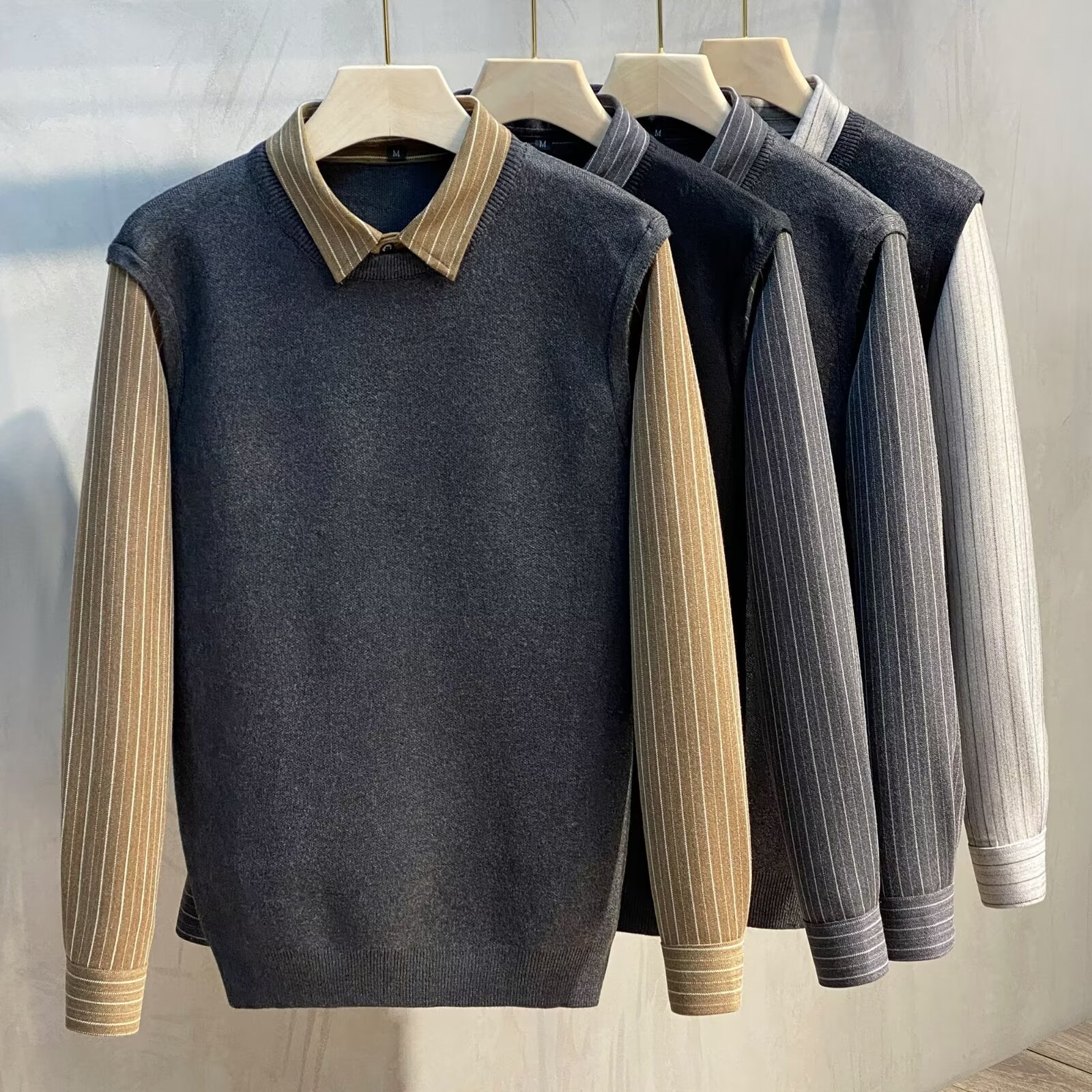 Autumn and Winter Men's Slim Retro Fake Two-Piece Knitwear Men's Knitwear Korean Style Versatile Shirt Collar Top Jacket Trendy