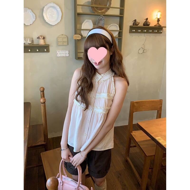 Galaxy Soda Pink Lace Trim Youthful Stand-Collar Halter Neck Sleeveless Top for Petite Women