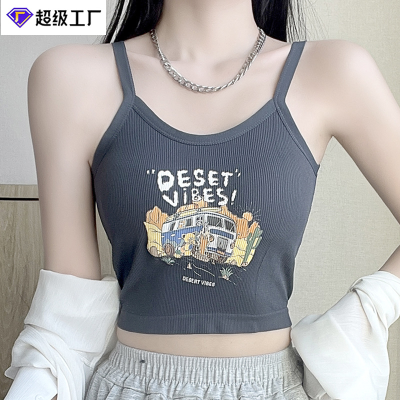 La primavera y el verano de estilo americano impreso carta bottoming camisola con almohadilla en el pecho desgaste exterior hermosa espalda chica caliente recortada superior