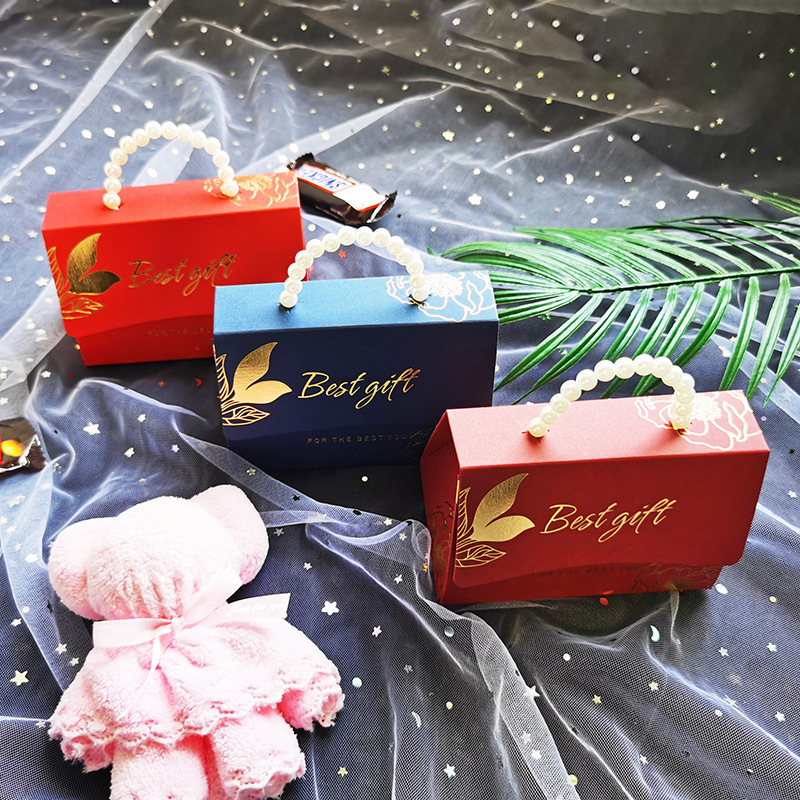 2021珍珠手提卡紙燙金紅色清新長方形結婚喜糖盒伴手禮小號糖果盒