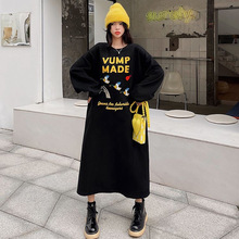韩国chic秋冬休闲圆领卡通字母印花设计宽松百搭长袖卫衣式连衣裙