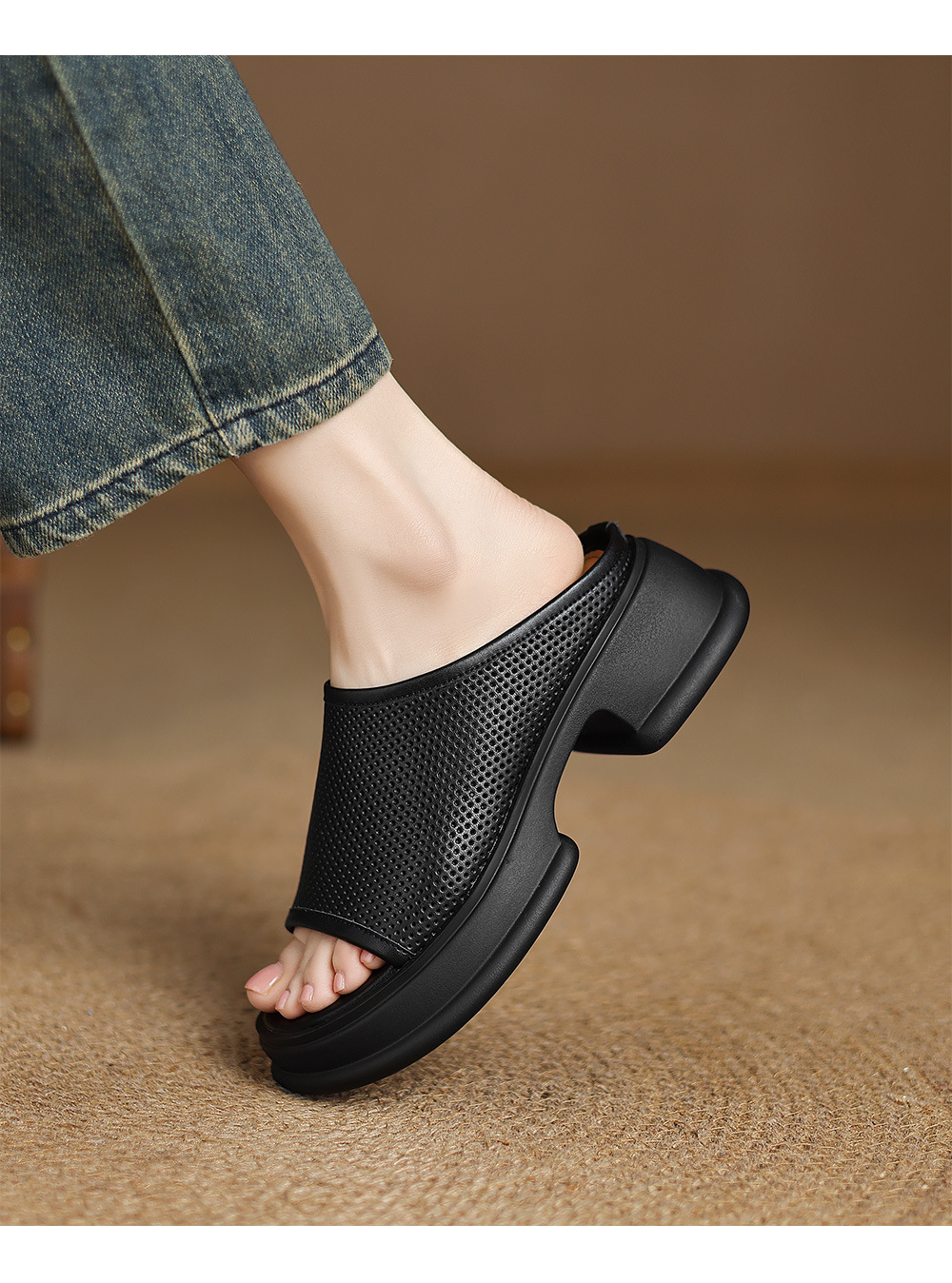 Dép sandal nữ quai ngang đế xuồng da bò, gót cao khoét lỗ — đen chi tiết 11