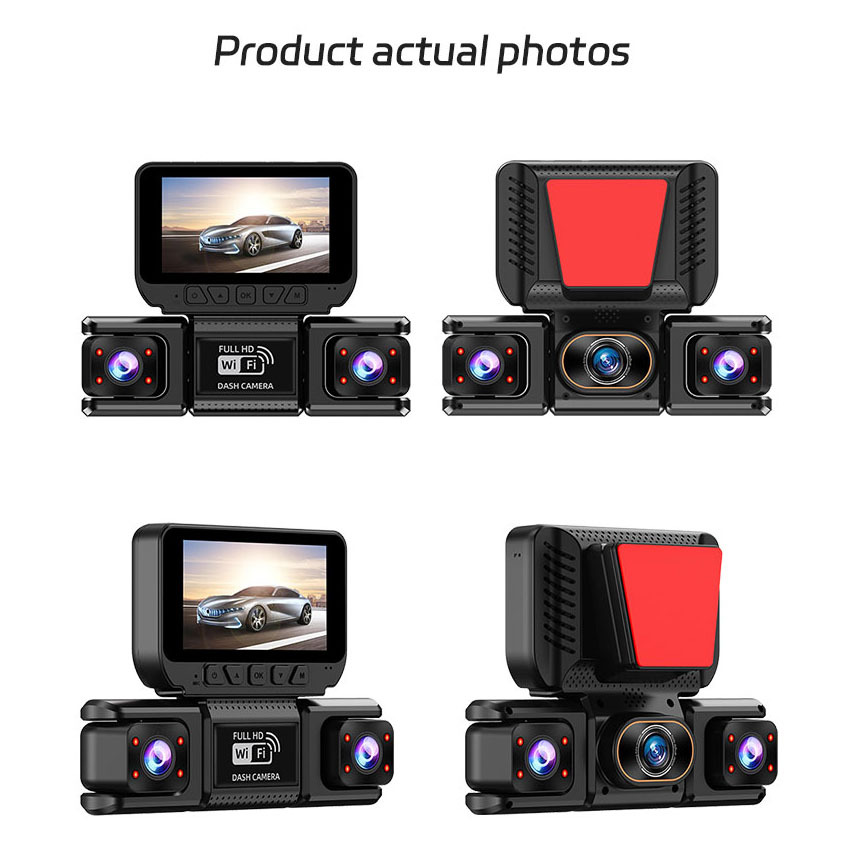 360-degree four-lens dashcam with WiFi mobile phone connectivity, infrared night vision, and loop recording