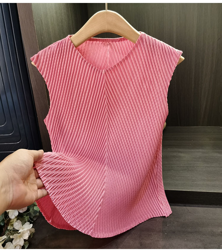 Áo thun ngắn tay cổ chữ V xếp ly vảy rồng đơn giản, thanh lịch đa năng, thiết kế tôn dáng cho nữ mùa hè — Màu đen, Màu xanh lục nhạt, Màu hồng, Màu trắng chi tiết 5