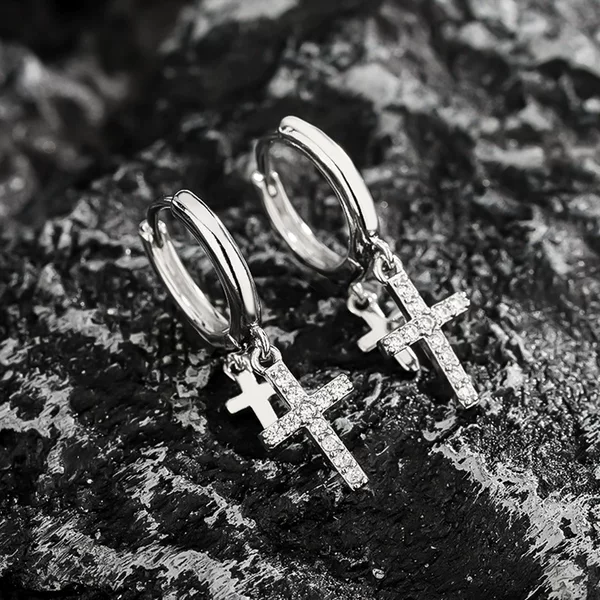 Earrings for Men with Double Crosses and Diamonds, High-End Versatile Hip-Hop Earrings for Men and Women, Summer Simple Accessories, Jewelry Wholesale