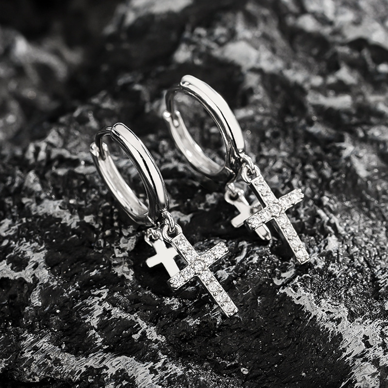 Earrings for Men with Double Crosses and Diamonds, High-End Versatile Hip-Hop Earrings for Men and Women, Summer Simple Accessories, Jewelry Wholesale