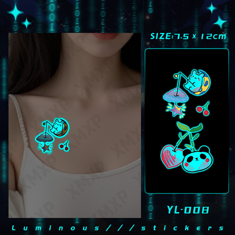 Xm&Xp Blue Luminous Tattoo Sticker Waterproof Small Fresh Cute Moon Night Cute Rabbit Fishing Heart Panda Bamboo