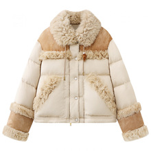 现货 2025年冬新款复古毛毛拼接面包服翻领羽绒服外套