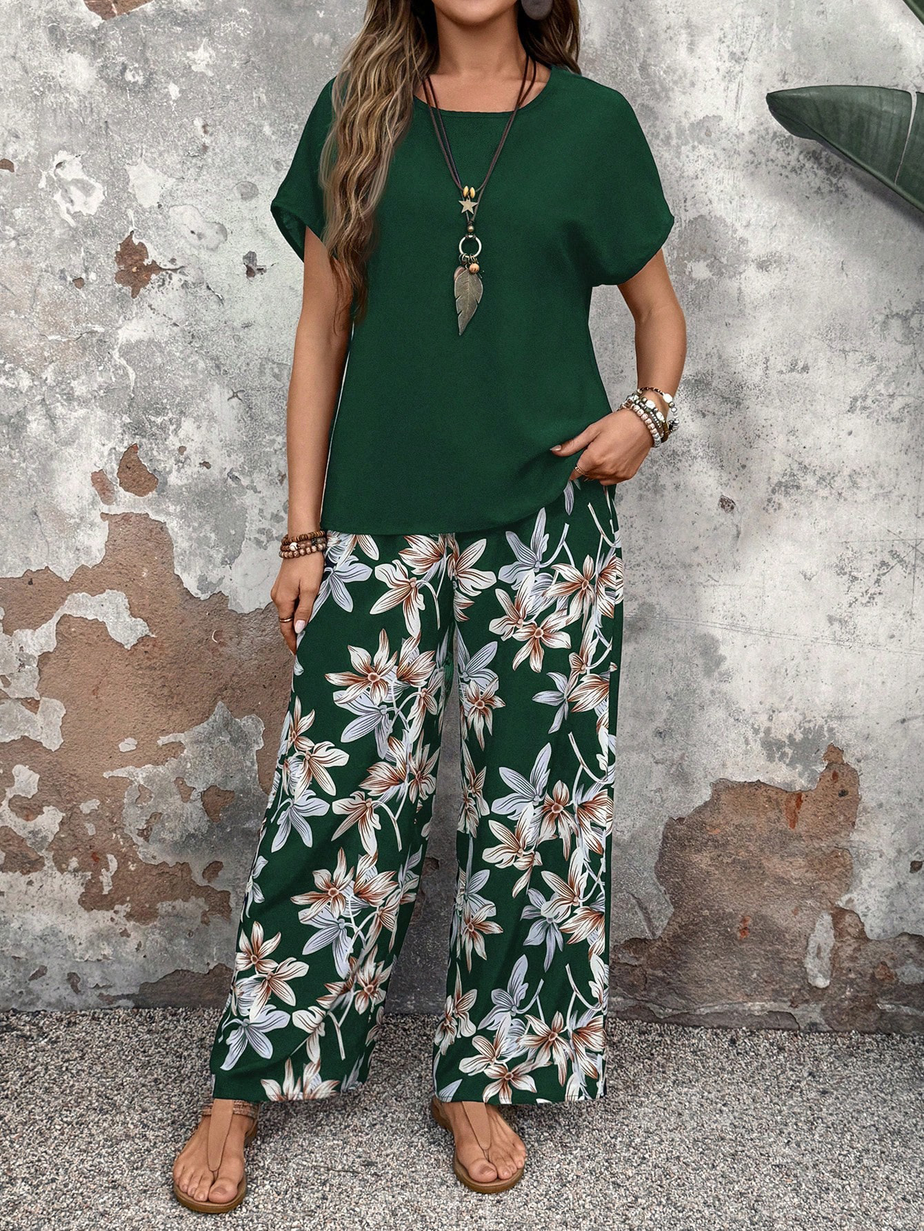 Summer Two Piece Suit Women All Matching Loose Pullover Printing Crew Neck Casual Suit Women