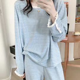 条纹睡衣女款秋冬季感加厚保暖毛巾绒薄绒长袖蕾丝家居服套装