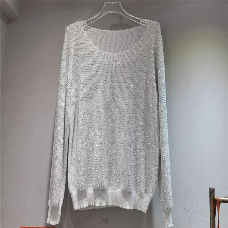 Suéter de perforación caliente de la industria pesada europea, mujer de cuello redondo brillante, chaqueta larga y media, nueva camiseta de punto de otoño y invierno es delgada. image 2
