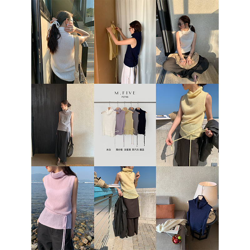 Wanwei Pile Collar Sleeveless Top for Women 2025 Spring New Style Wool Lace High Collar Knitted Thin Vest P2746