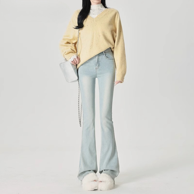 Light Color American Style Micro La Jeans Women's Spring New High Waist Slim Fit Stretch Small Stretch Trousers