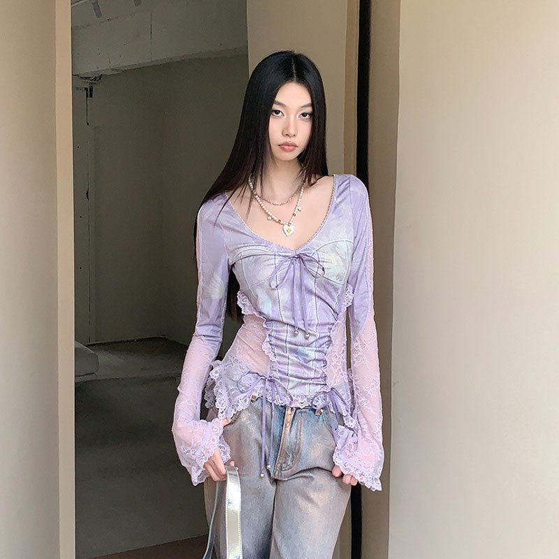 Shirt Women's Design Sense Niche Retro Printing Lace Stitching Long Sleeve V-Neck Fishbone Elastic Base Shirt Top Autumn