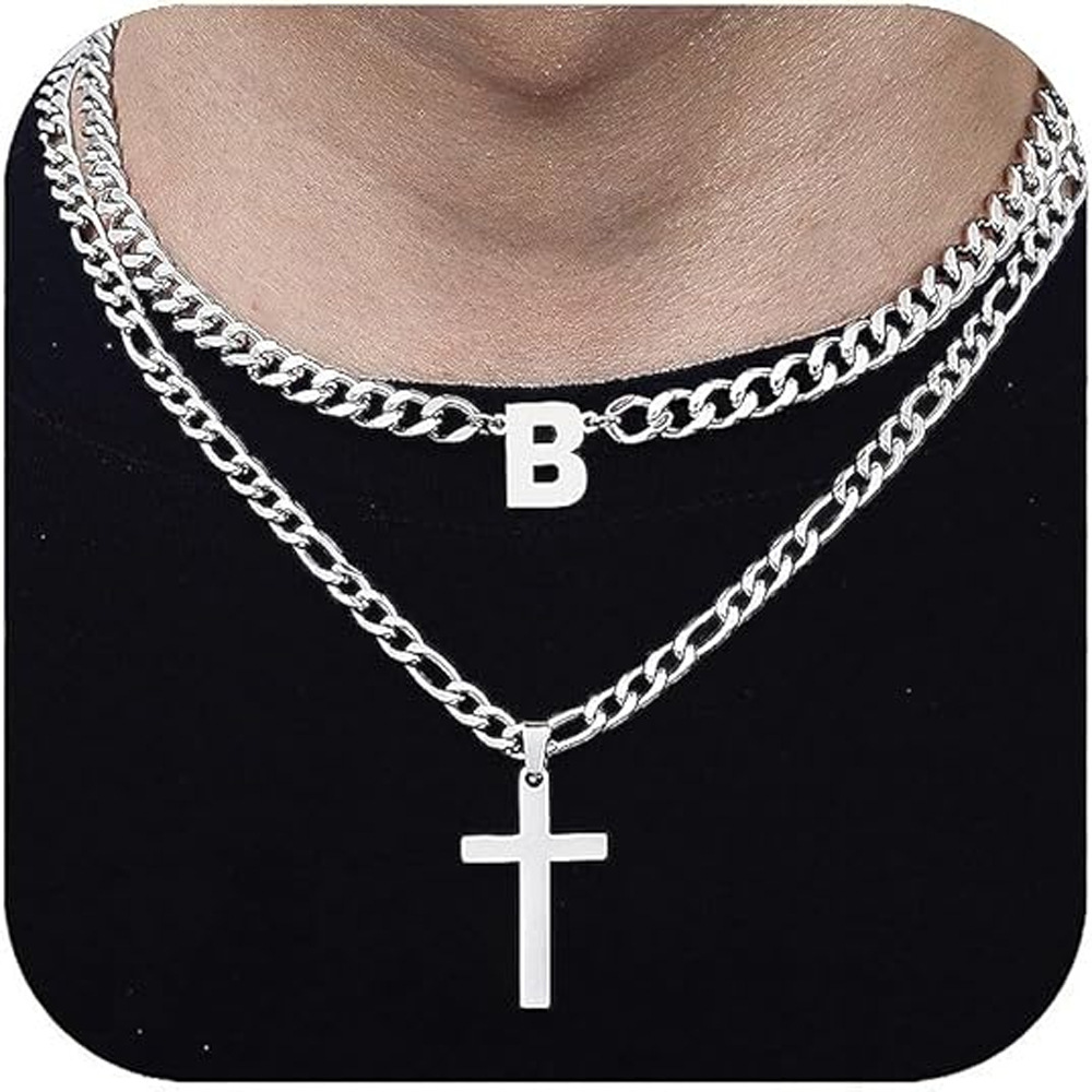 Men's Figaro Chain Initial Letter Necklace With Cross Pendant_voghion.com