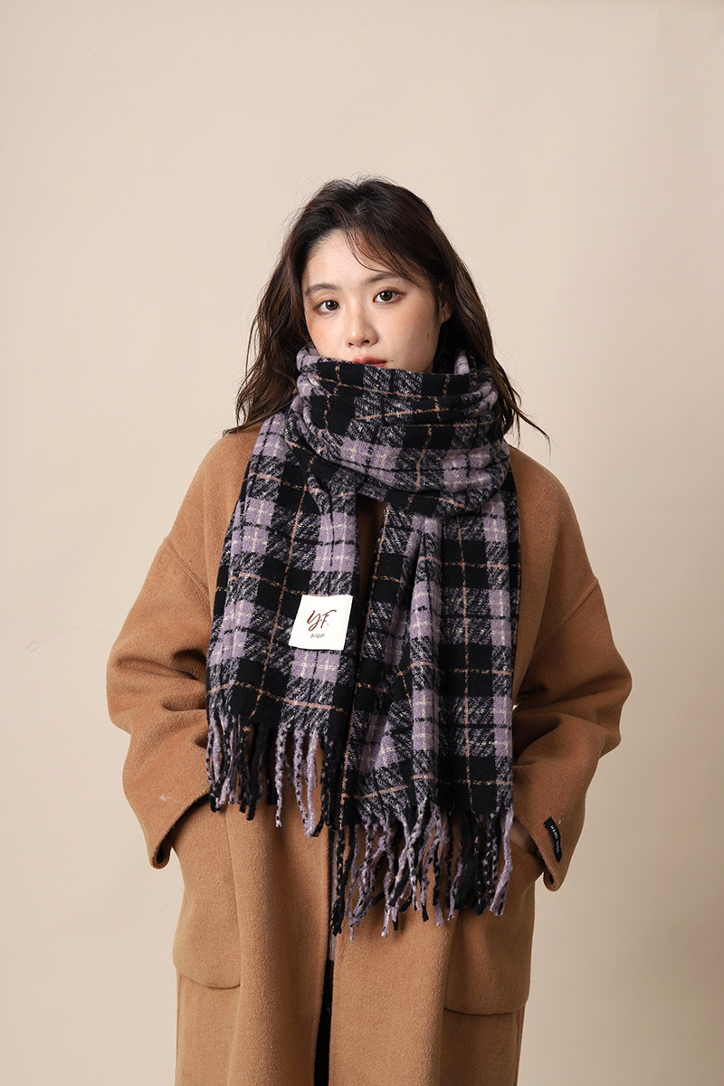 Checkered scarf women's 2024 new violet warm scarf, autumn winter atmosphere, high-end and versatile_voghion.com