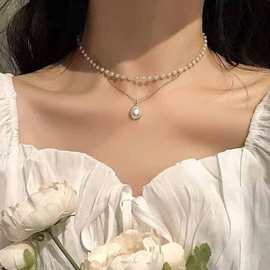 韩国网红ins简约双层珍珠项链  时尚几何锁骨链短款劲链脖子饰品